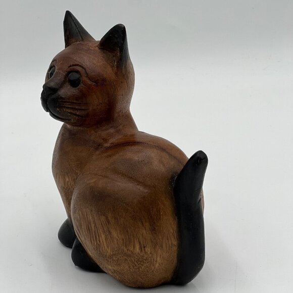 Siamese wood wooden carved cat kitten tail up sitting folk art handmade - Picture 4 of 12